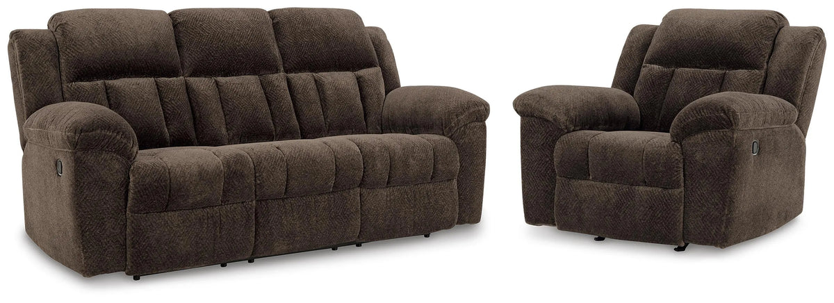 Bramwell Reclining Sofa and Recliner in Chocolate