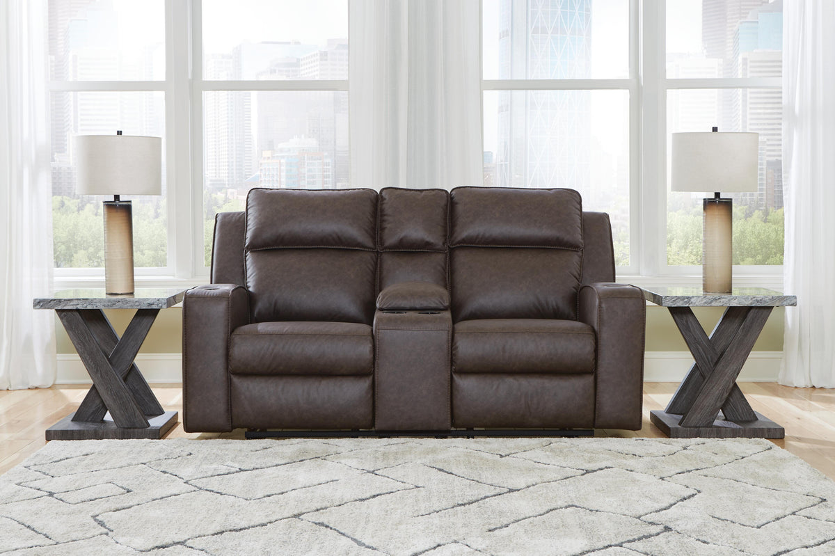 Holloway Reclining Loveseat with Console in Umber