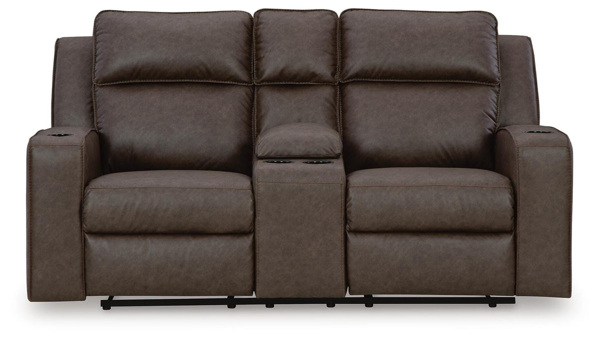 Holloway Reclining Loveseat with Console in Umber