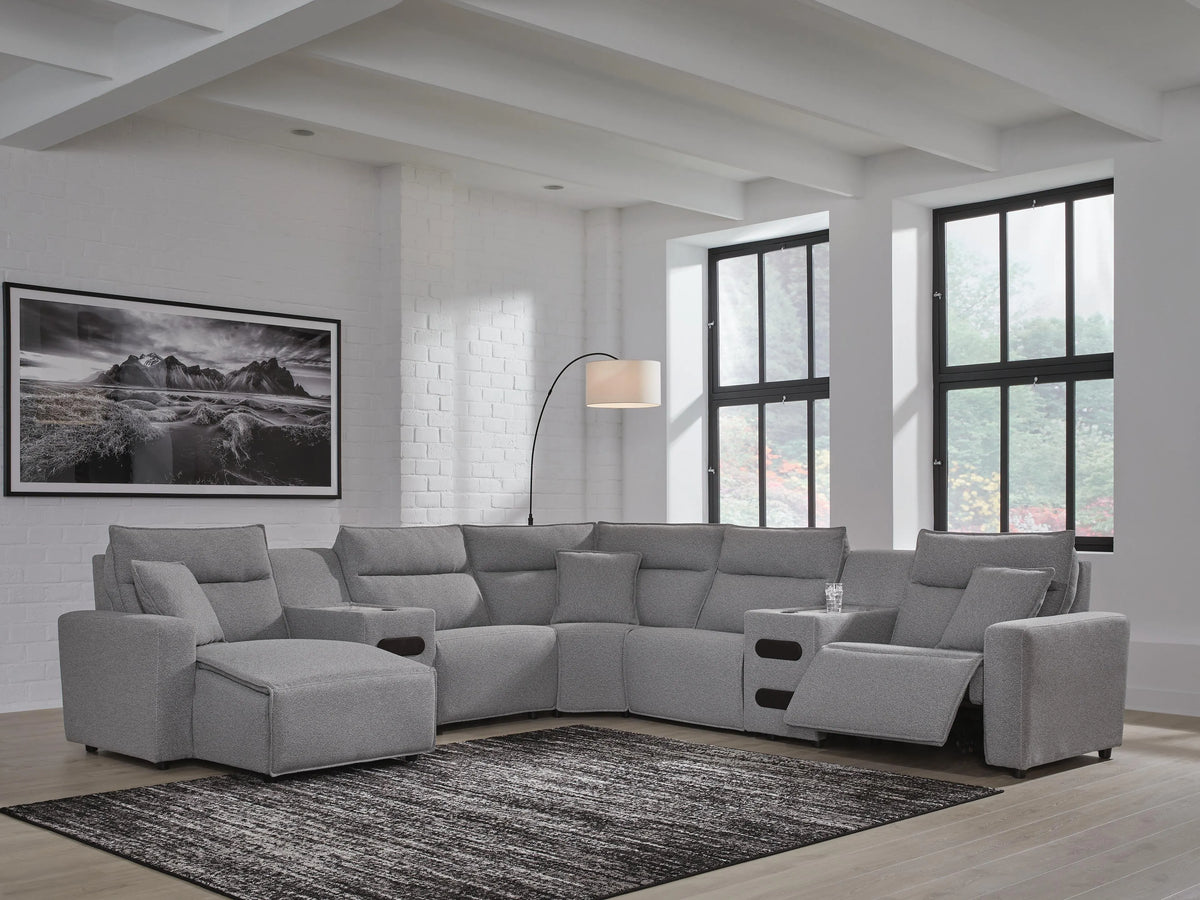 Kade 7-Piece Power Reclining Sectional with Chaise and Audio Consoles II