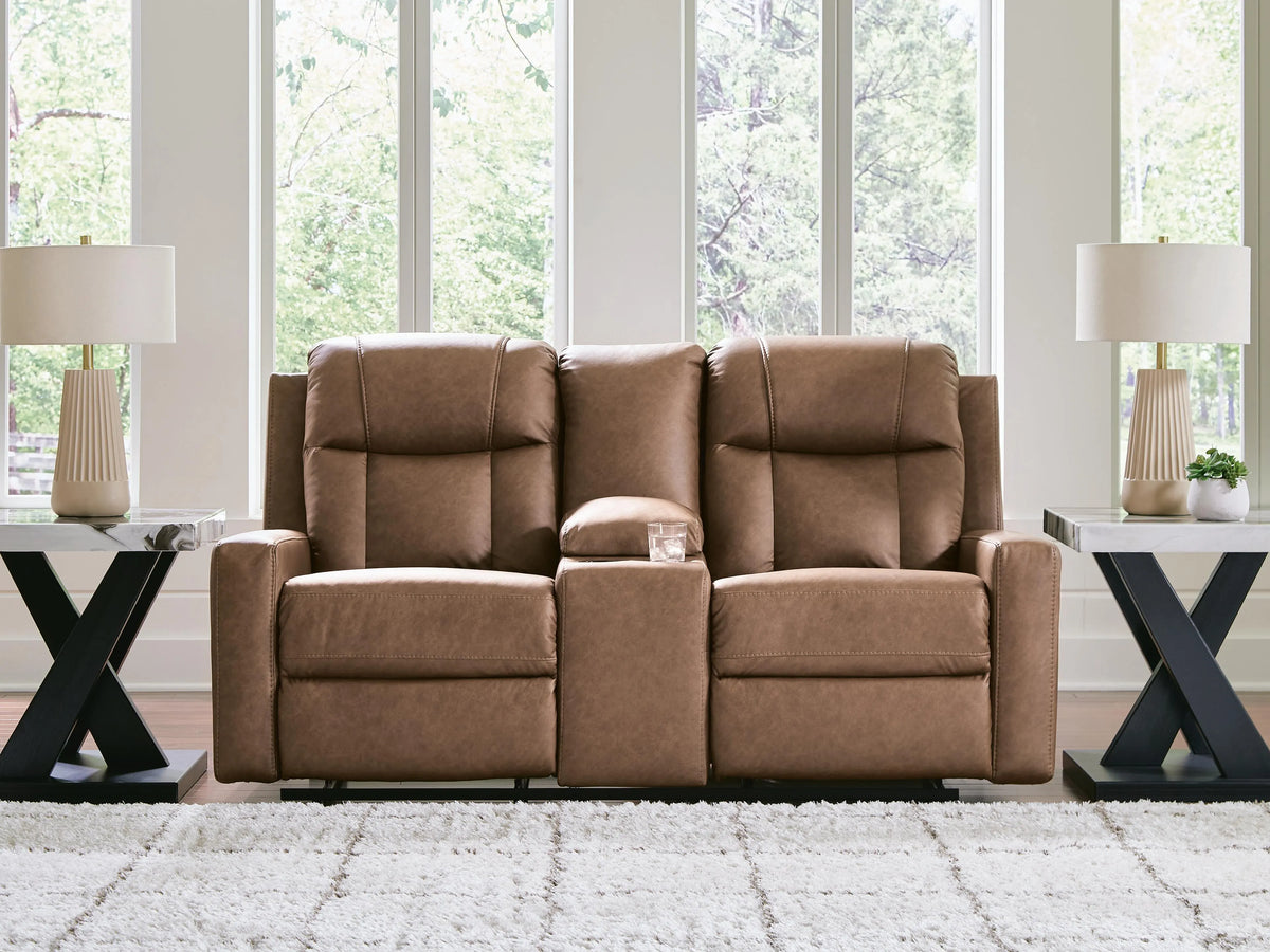 Draymoor Reclining Loveseat with Console in Caramel