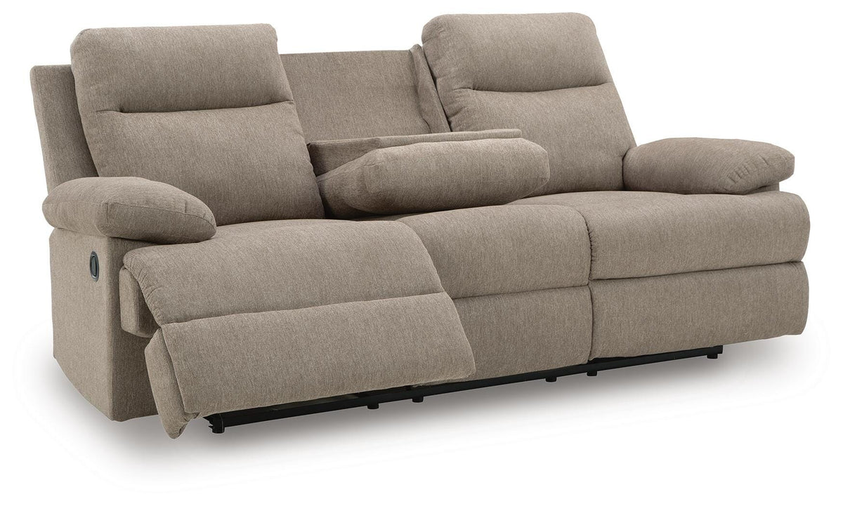 Verrin Reclining Sofa with Drop Down Table in Mocha