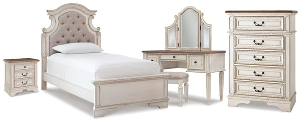 Realyn Twin Upholstered Panel Bed, Chest, Vanity and Nightstand
