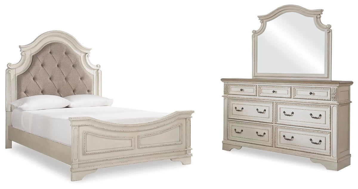 Barnwell Queen Upholstered Panel Bed with Dresser and Mirror