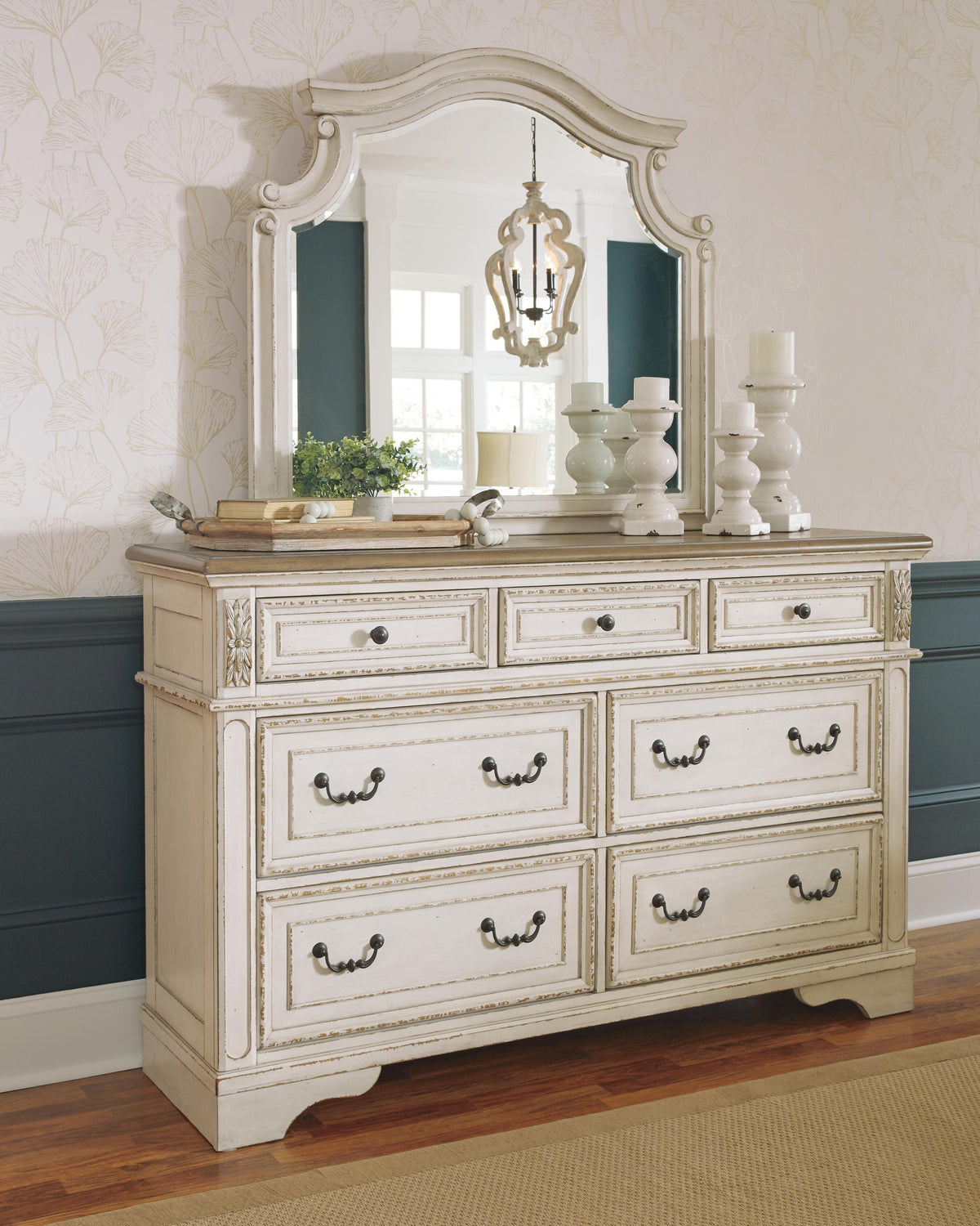 Barnwell King Upholstered Panel Bed with Dresser and Mirror and Chest and 2 Nightstands