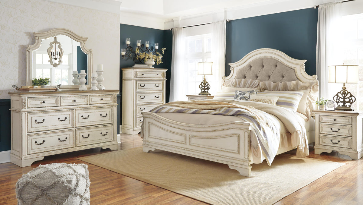 Barnwell King Upholstered Panel Bed with Dresser and Mirror