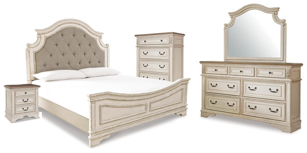 Realyn King Panel Bed, Dresser, Mirror, Chest and Nightstand