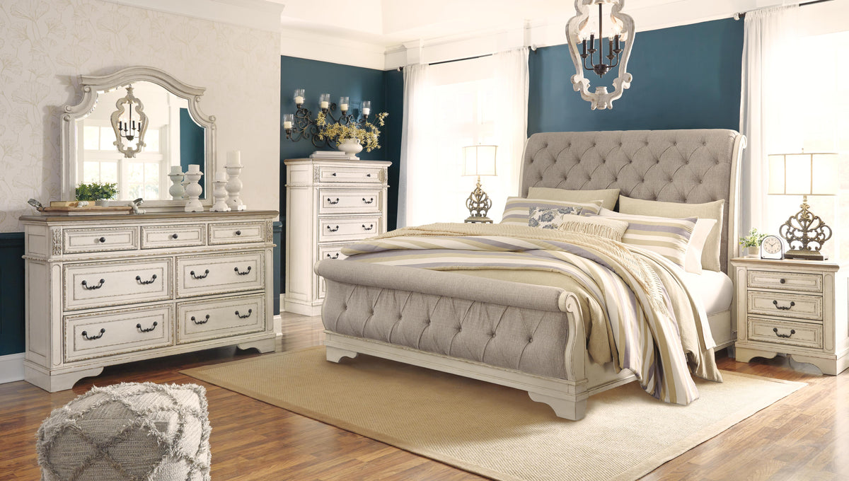 Barnwell King Upholstered Sleigh Bed with Dresser and Mirror and 2 Nightstands
