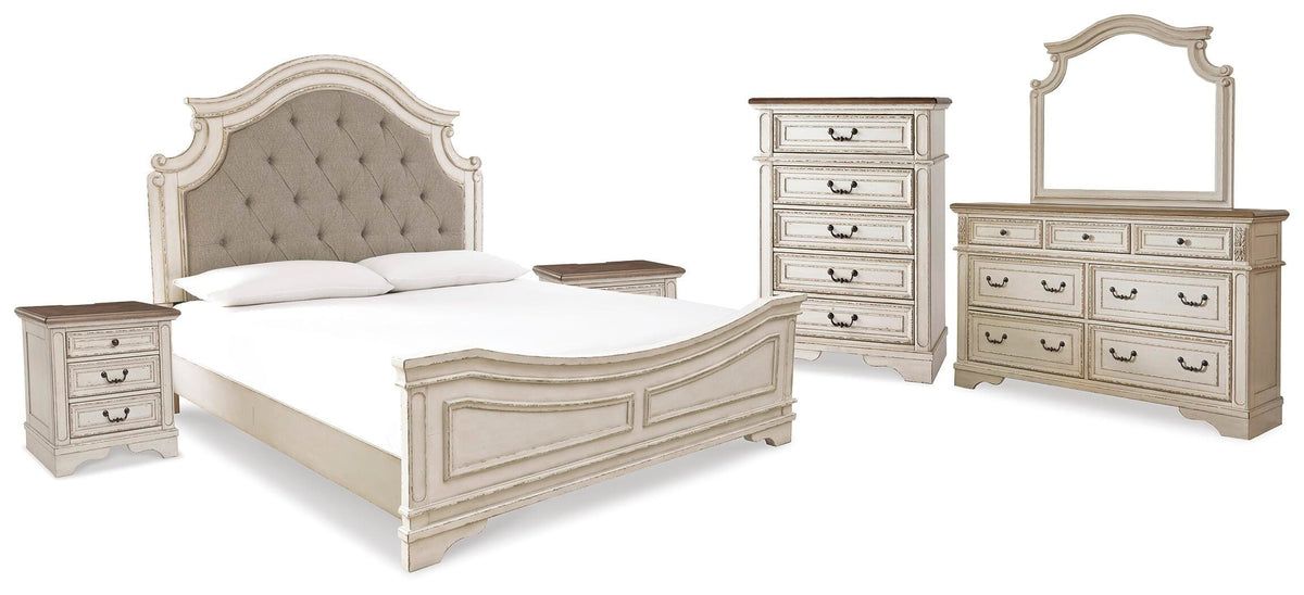 Barnwell King Upholstered Panel Bed with Dresser and Mirror and Chest and 2 Nightstands