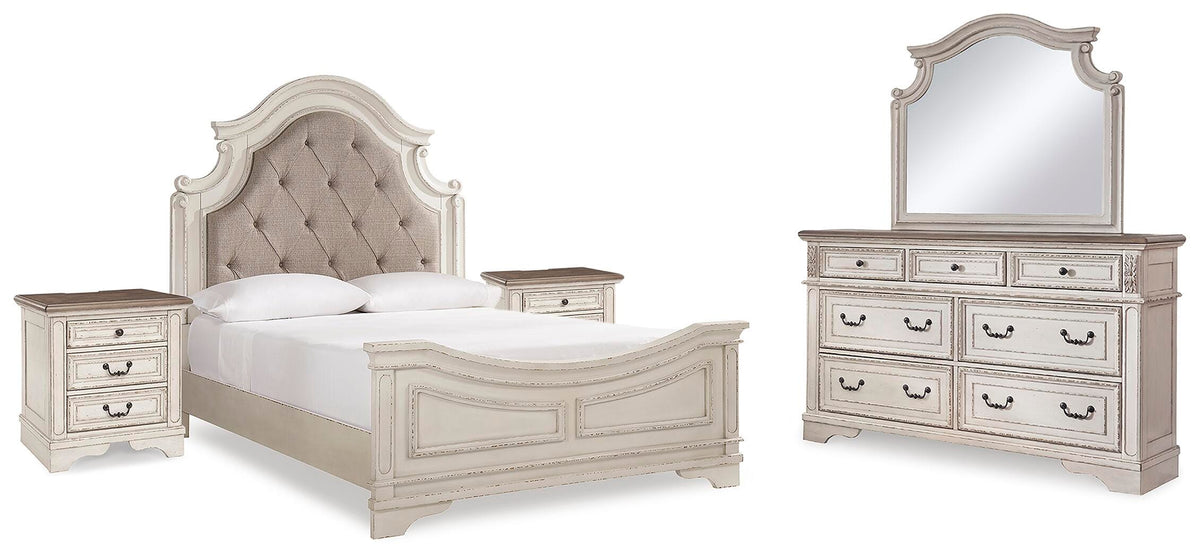 Barnwell Queen Upholstered Panel Bed with Dresser and Mirror and 2 Nightstands II