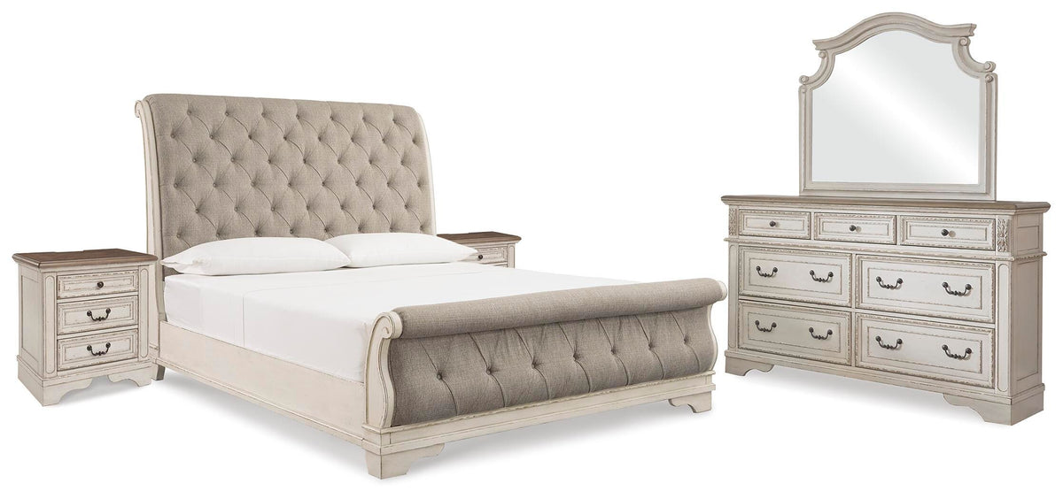 Barnwell King Upholstered Sleigh Bed with Dresser and Mirror and 2 Nightstands