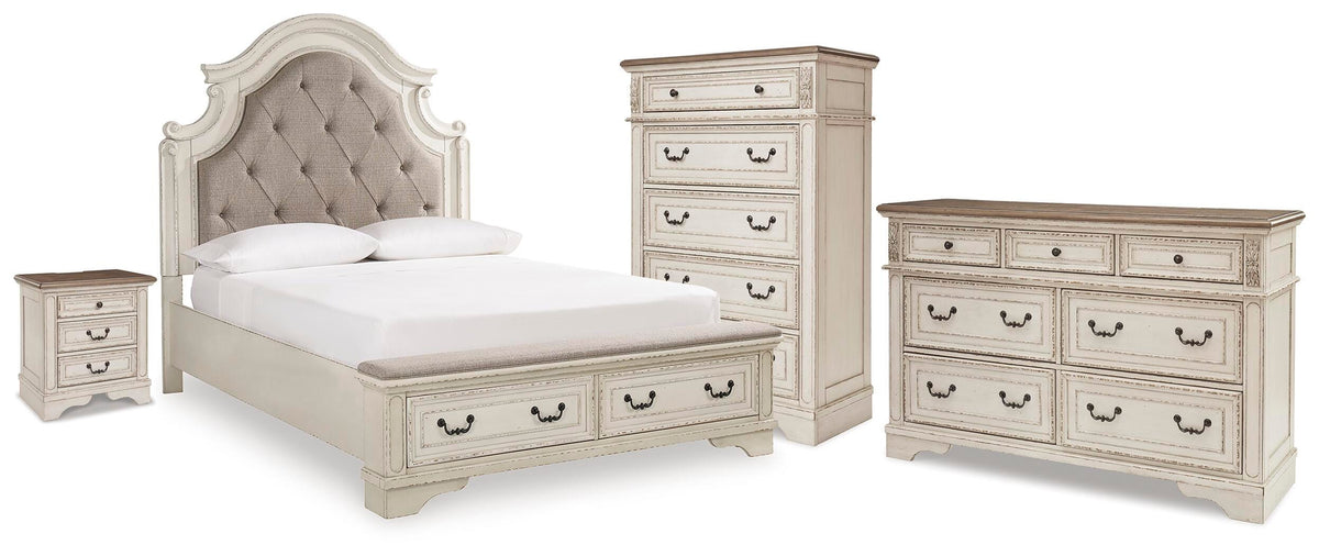 Barnwell Queen Upholstered Storage Bed with Dresser and Chest and Nightstand