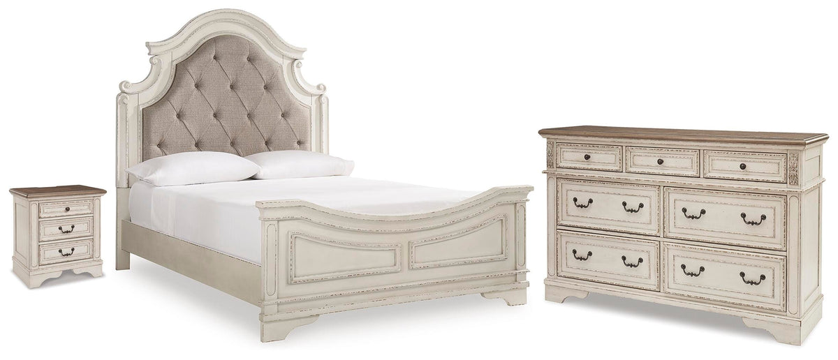Barnwell Queen Upholstered Panel Bed with Dresser and Nightstand
