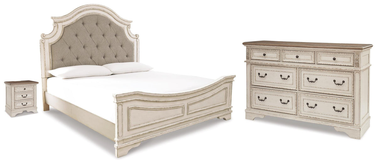 Barnwell King Upholstered Panel Bed with Dresser and Nightstand