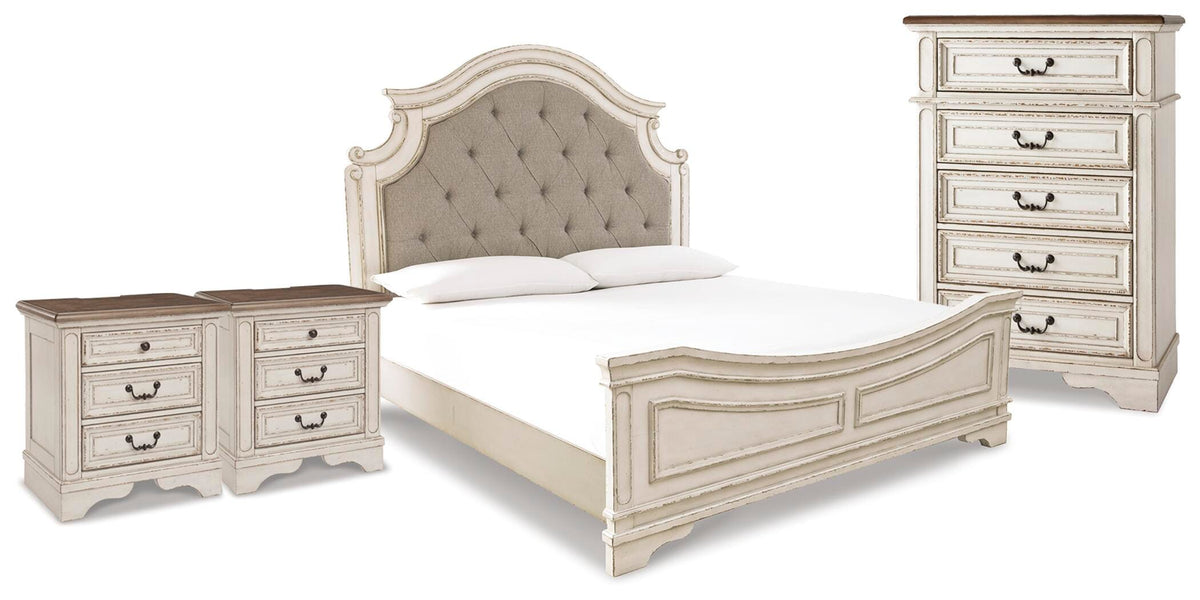 Barnwell King Upholstered Panel Bed with Chest and 2 Nightstands