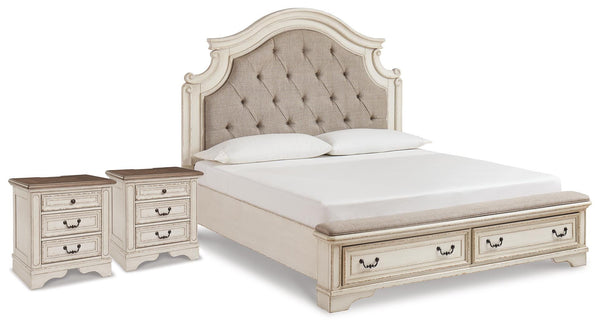 Realyn King Upholstered Panel Storage Bed and 2 Nightstands