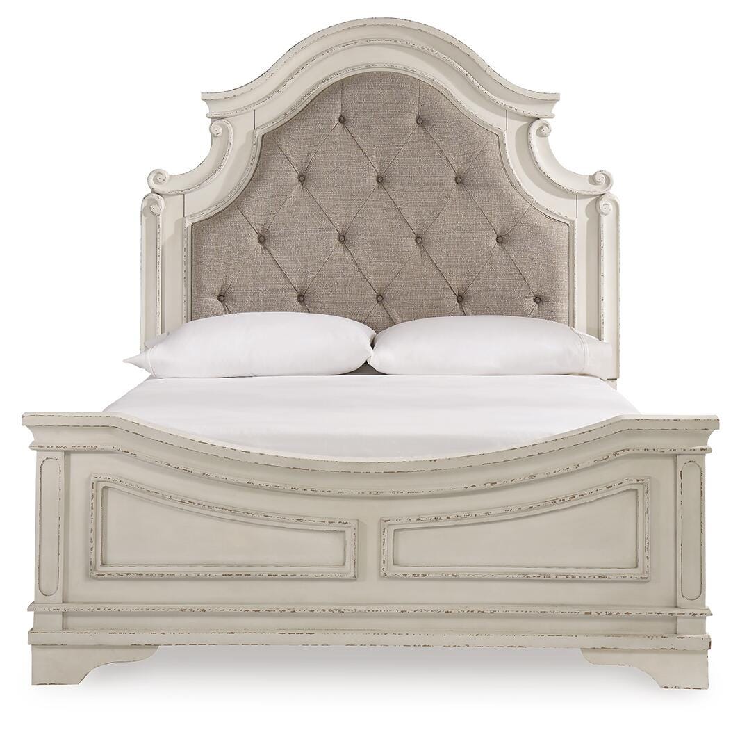 Barnwell Queen Upholstered Panel Bed with Dresser and Mirror and Chest and Nightstand