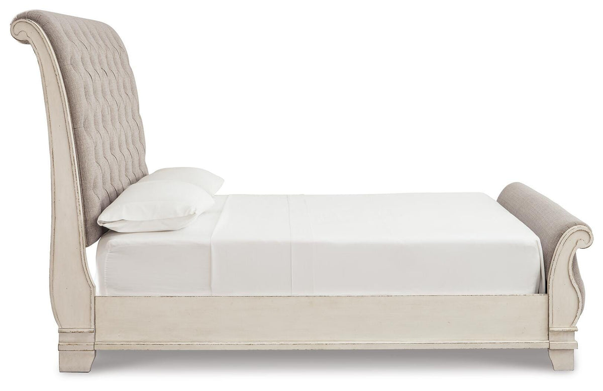 Barnwell King Upholstered Sleigh Bed with Dresser and Mirror and 2 Nightstands