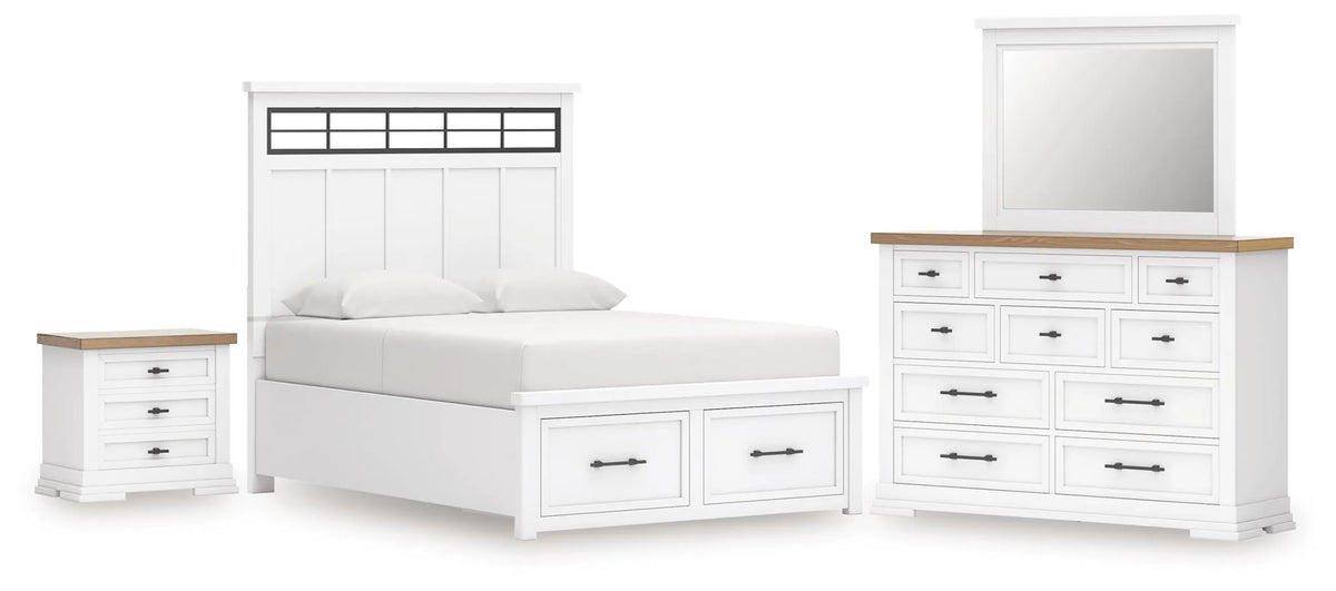Wategos King Panel Storage Bed with Dresser and Mirror and Nightstand