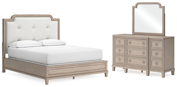 Jorlaina California King Upholstered Panel Bed, Dresser and Mirror
