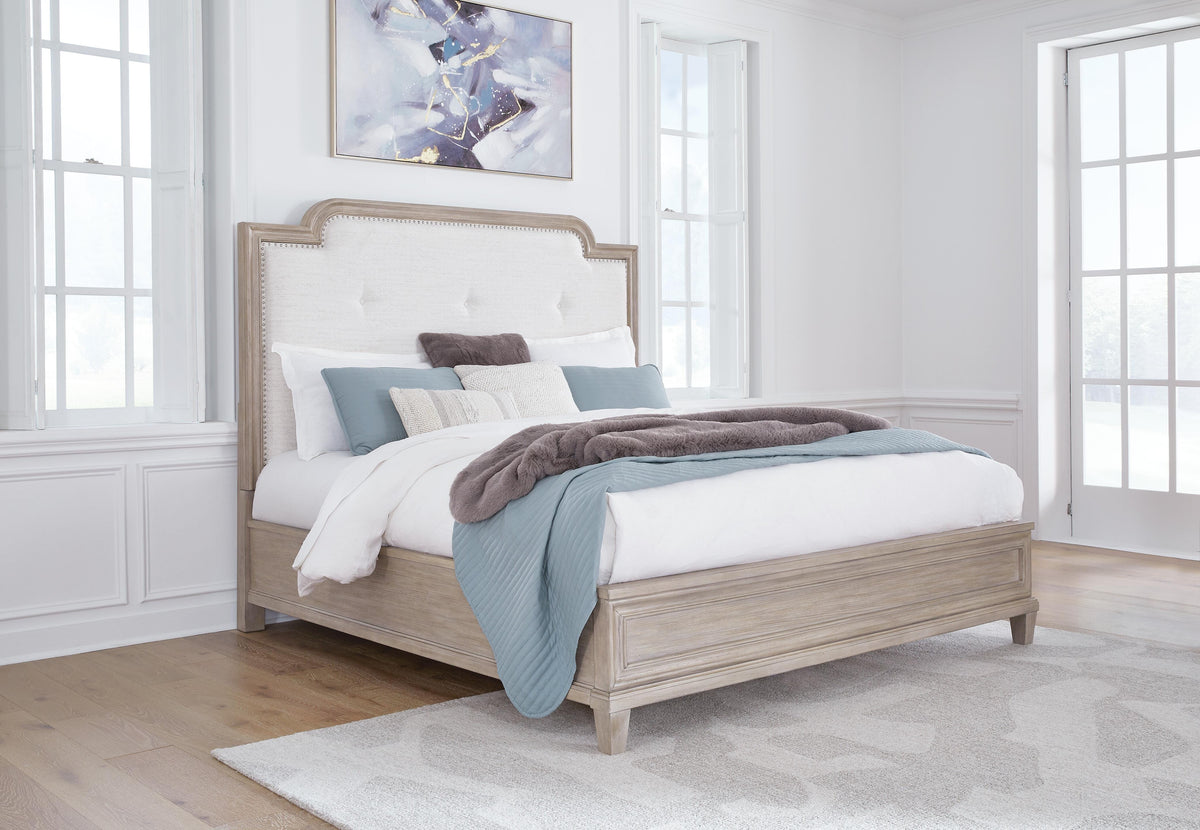Ashfield King Upholstered Panel Bed with Dresser and Mirror