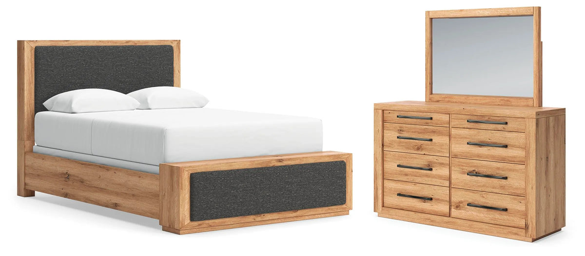 Solerno Queen Upholstered Panel Bed with Dresser and Mirror