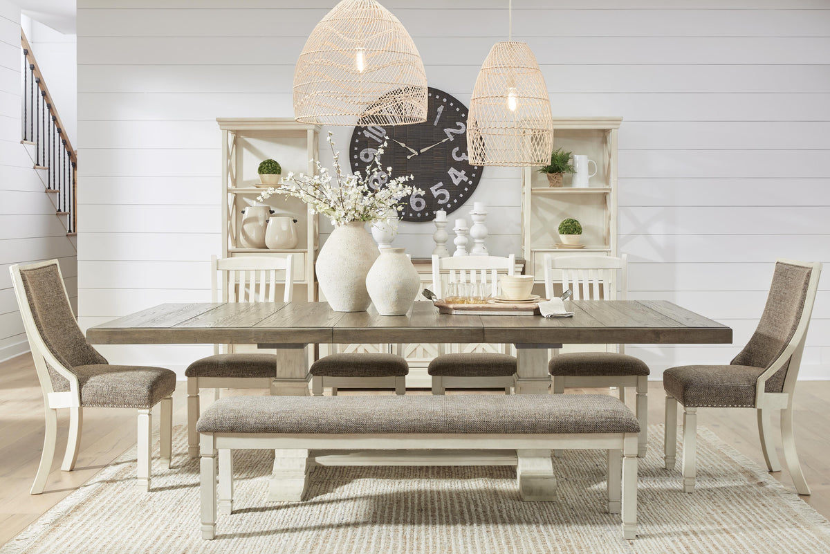 Hartwell Dining Table with 6 Chairs and Bench in Antique White