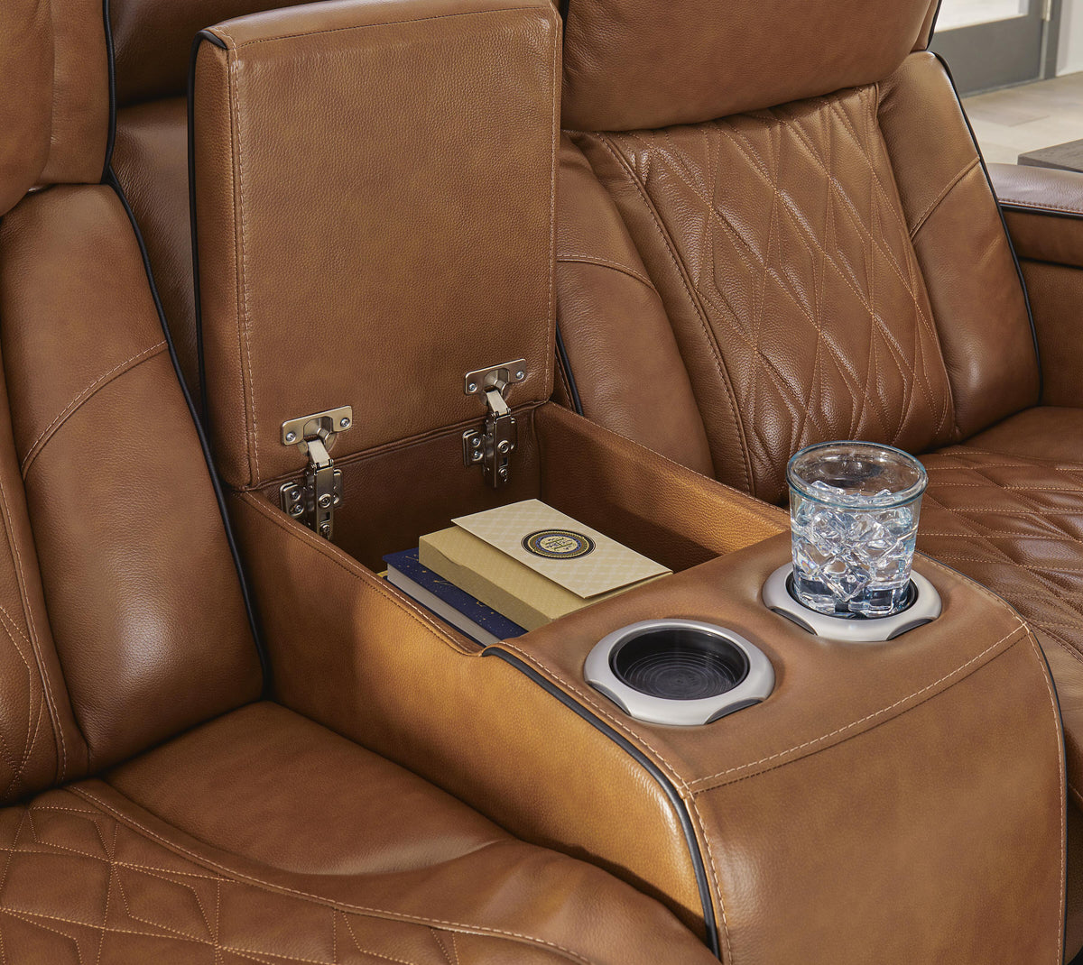 Anvilbrook Power Reclining Loveseat with Console in Caramel