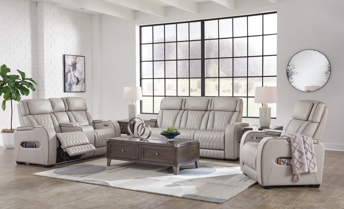 Anvilbrook Power Reclining Sofa with Loveseat and Recliner in Gray