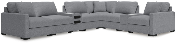 Tallow 8-Piece Sectional with Audio and Storage Consoles in Salt and Pepper