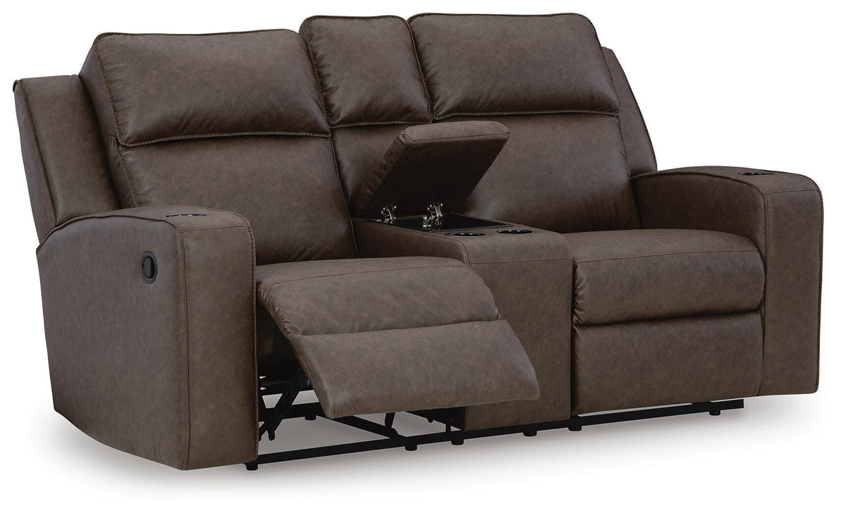 Holloway Reclining Loveseat with Console in Umber