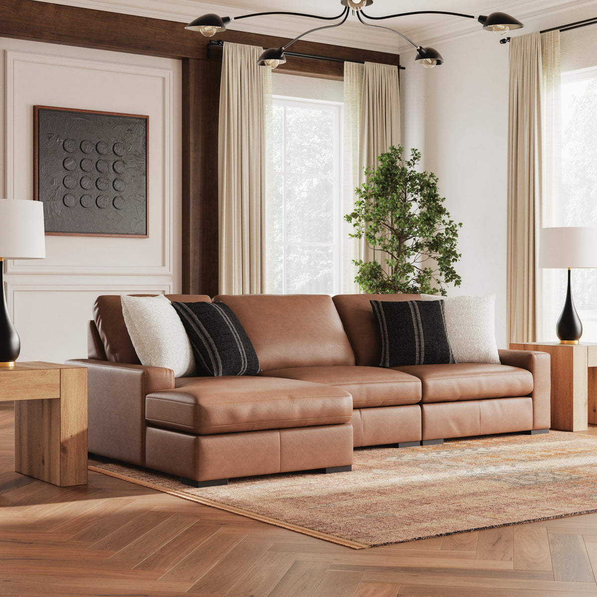 Auvelle 3-Piece Sectional with Chaise in Caramel