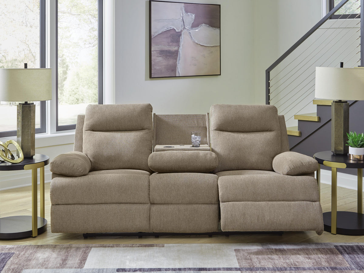 Verrin Reclining Sofa with Drop Down Table in Mocha