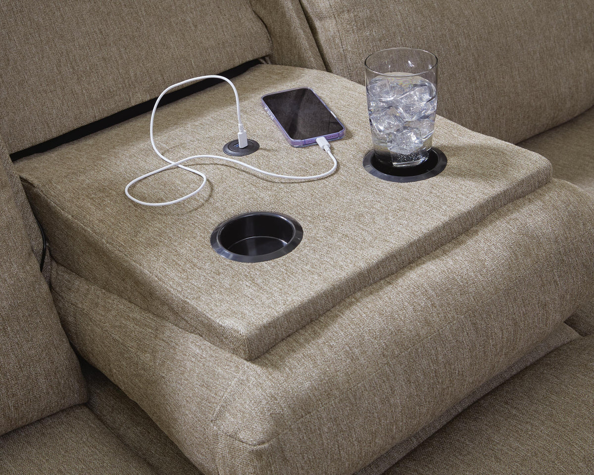 Verrin Reclining Sofa with Drop Down Table in Mocha