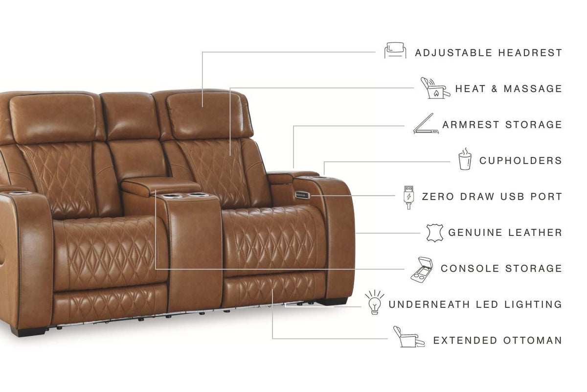 Anvilbrook Power Reclining Loveseat with Console in Caramel