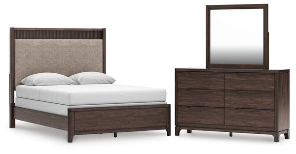 Korestone Queen Upholstered Panel Bed, Dresser and Mirror