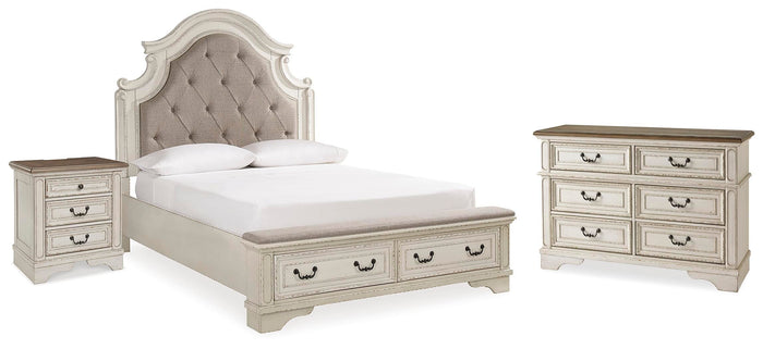 Barnwell Queen Upholstered Panel Bed with Storage with Dresser and Nightstand