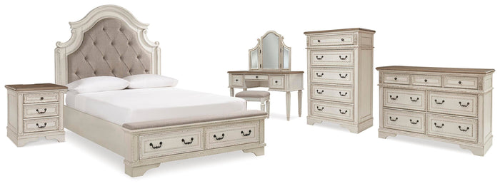 Barnwell Queen Upholstery Panel Bed with Dresser and Chest and Nightstand and Vanity Set