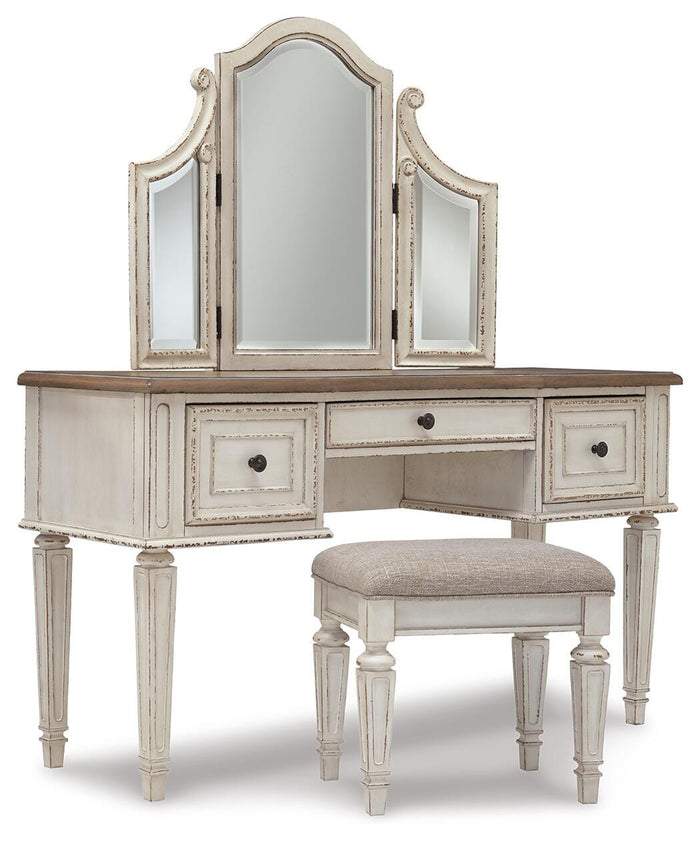 Barnwell King Storage Bed with Dresser and Mirror and Chest and Vanity with Stool and 2 Nightstands