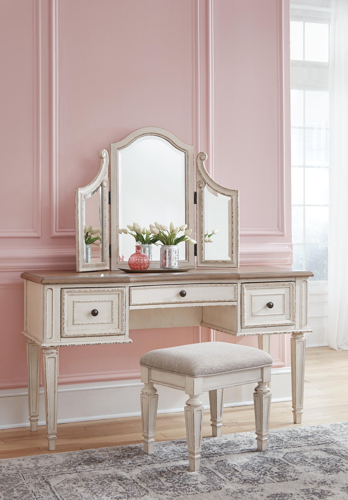 Barnwell Queen Panel Bed with Dresser and Mirror and Vanity