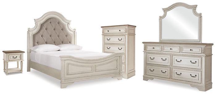 Barnwell Queen Panel Bed Dresser with Mirror and Chest and Nightstand