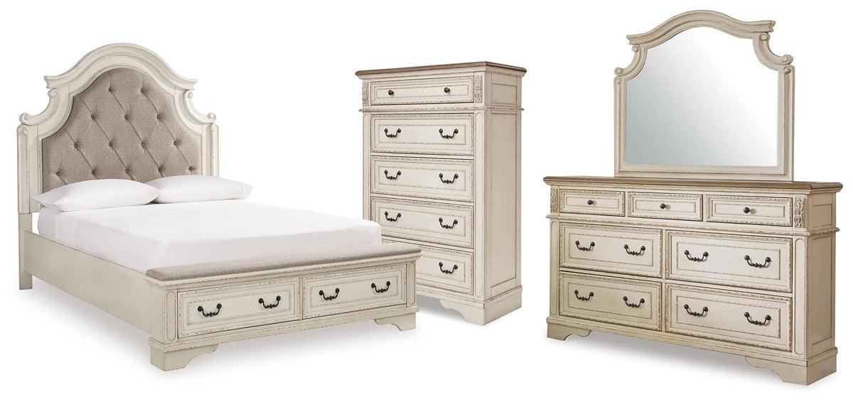 Barnwell Queen Upholstered Panel Bed with Dresser and Mirror and Chest
