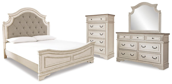 Barnwell King Panel Upholstered Bed with Dresser and Mirror and Chest