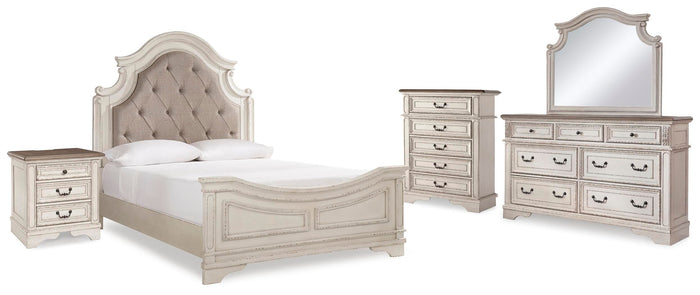 Barnwell Queen Upholstered Panel Bed with Dresser and Mirror and Chest and Nightstand