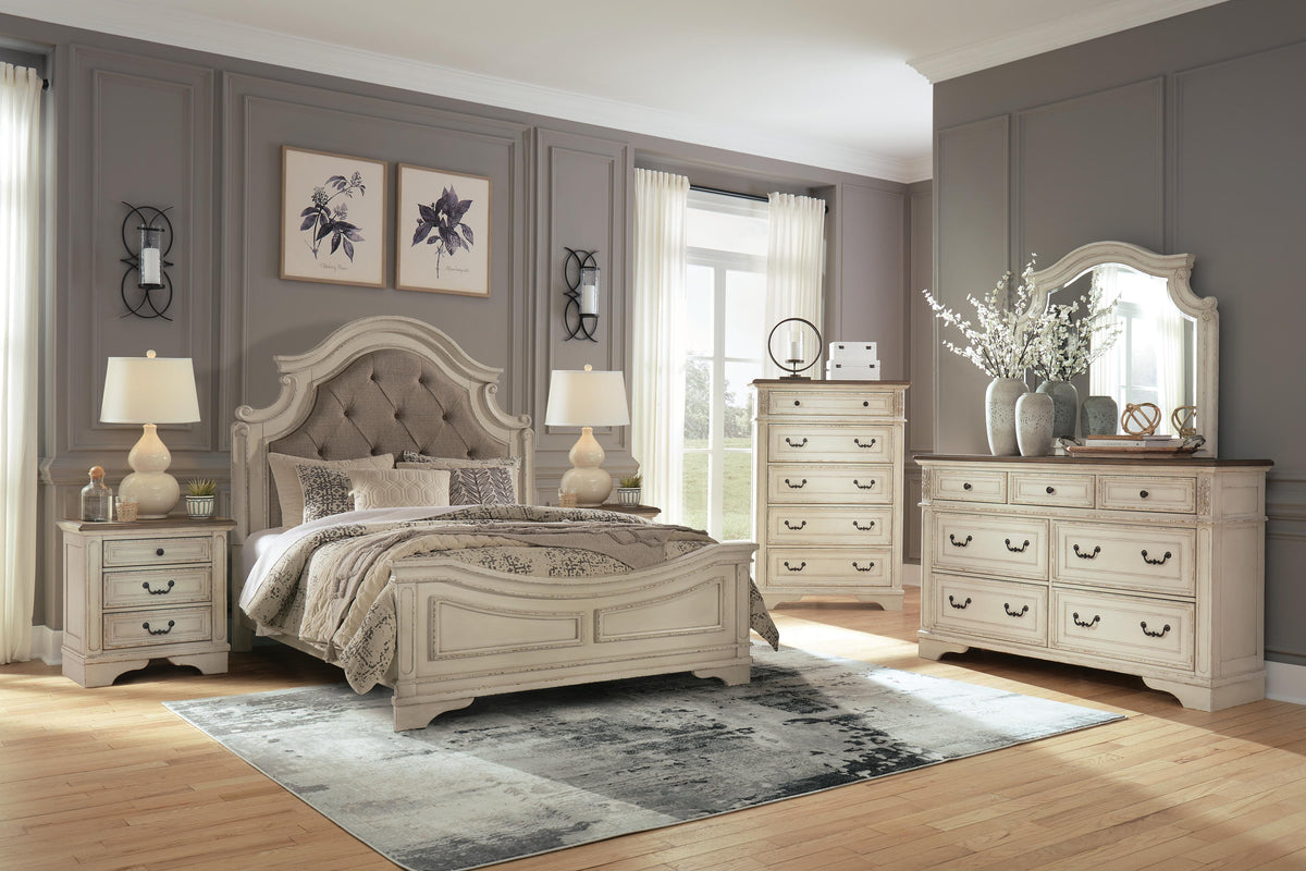 Barnwell Queen Upholstered Panel Bed with Dresser and Mirror