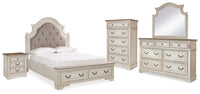 Barnwell Queen Upholstered Bed with Dresser and Mirror and Chest and Nightstand