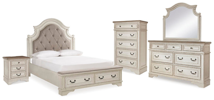 Barnwell Queen Upholstered Bed with Dresser and Mirror and Chest and Nightstand