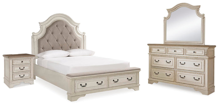 Barnwell Queen Upholstery Panel Bed with Dresser and Mirror and Nightstand