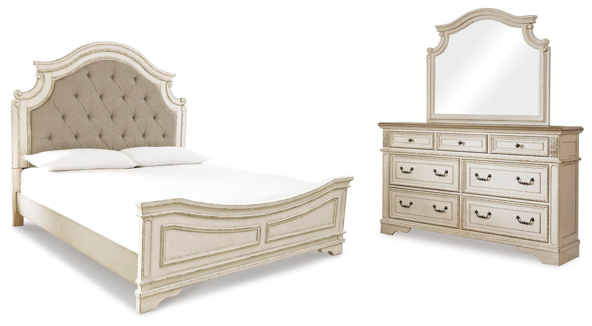 Barnwell King Upholstered Panel Bed with Dresser and Mirror