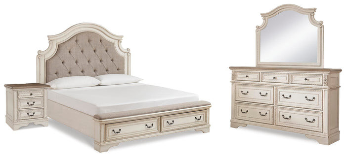 Barnwell King Upholstered Panel Bed with Dresser and Mirror and Nightstand